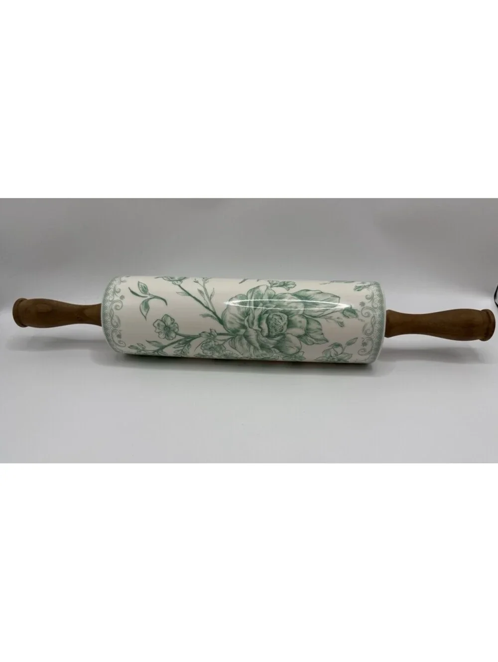 Pioneer Woman Rolling Pin White Green Floral Ceramic Wood Handles Farmhouse
